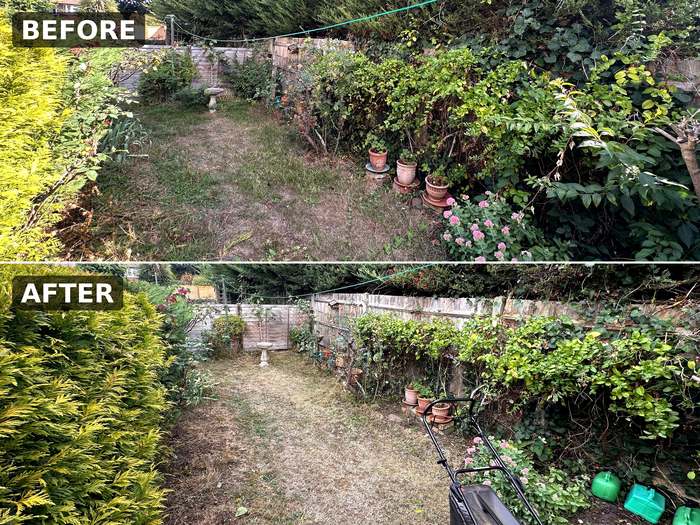 The same back garden before and after: overgrown grass and unruly borders, then mown, cut back and cleared.